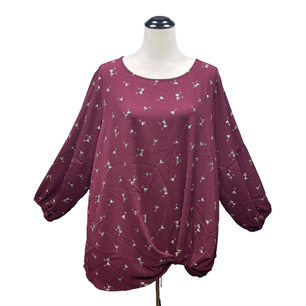 NWT Dressbarn Women Plus Sz 3X Maroon Martini Glass Twist Hem Top 3/4 Slv Resort